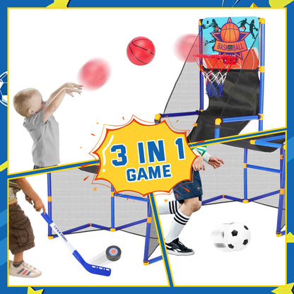 Toddler Basketball Hoop Set, 3-In-1 Arcade Basketball Game Indoor W/ Soccer Goal, Portable Indoor Outdoor Sports Play Toy, Gift for Ages 3-12 Boys Girls Air Pump and 6 Balls Included, 2 Hockey Sticks
