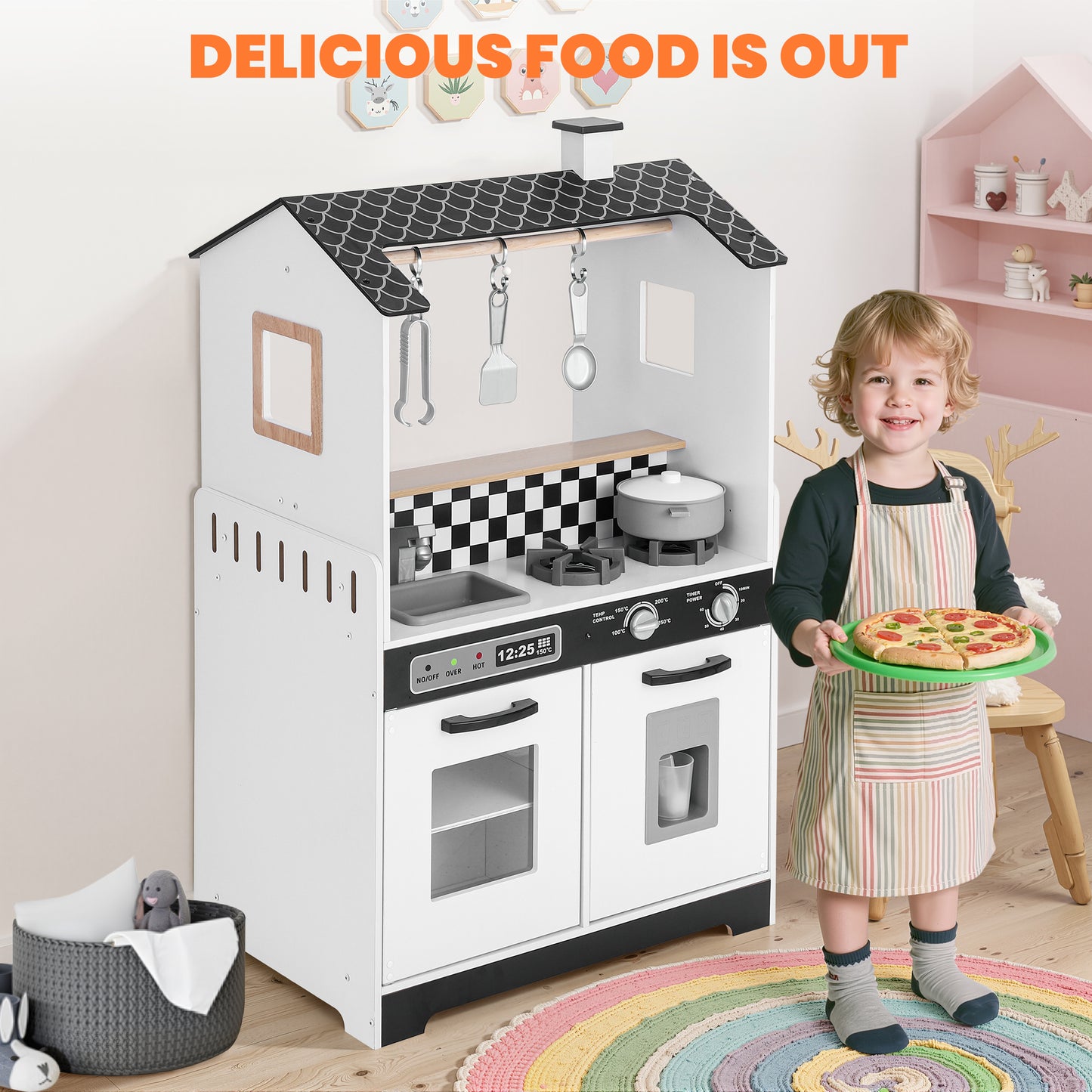 iYofe Wooden Play Kitchen for Toddlers 3-5, 2-in-1 Kids Kitchen & Laundry Playset, Montessori Toys with Realistic Cooking & Pretend Play Accessories, Learning Toys Gift for Girls & Boys