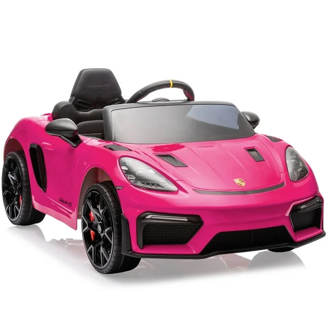 12V Porsche 718 Spyder Powered Ride on Toys Car for Kids, 4 Wheel Suspension Ride on Cars with Remote Control, Bluetooth, Music, LED, Safety Belts, Electric Car for Kids Toddler 3-6, Pink