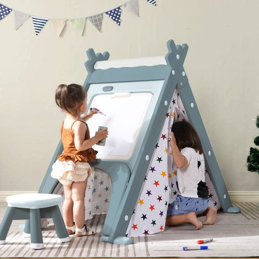 4 in 1 Kids Play Tent Toys, Foldable Easel with Stool, Climber, Toddler Game Table, Playhouse Castle Play Tent for Boys & Girls.59'' x 27.2'' x 47.5'', Gray