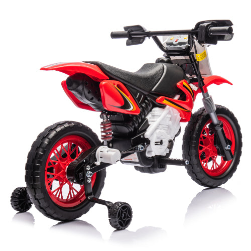 12V Kids Ride On Electric Toy Motorcycle, Rear suspension, Twist Grip Throttle, Slow Start, Removable training wheels, Indie music box with horn and engine, Simulation of dirt bike modeling for kids