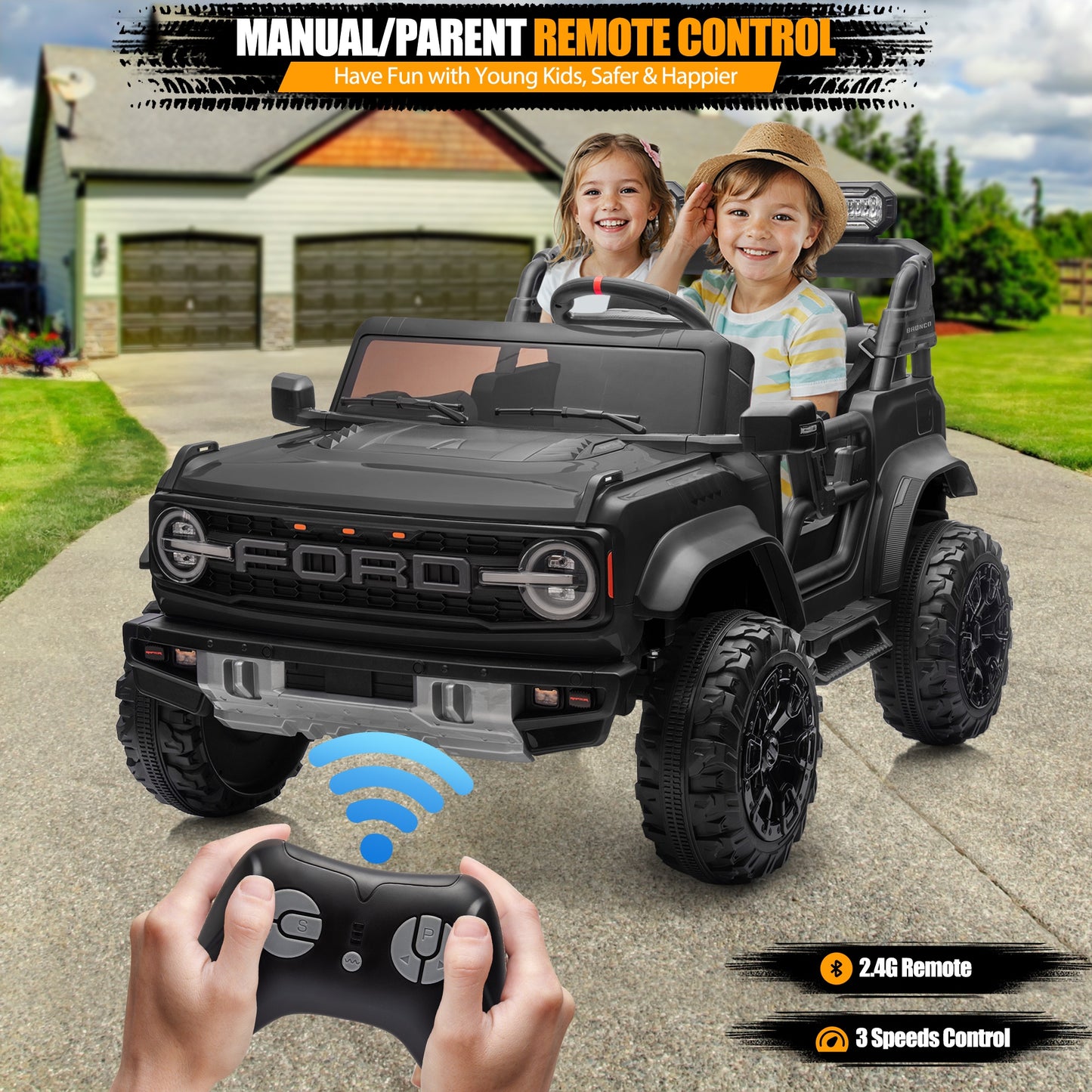 24V 2 Seater Ride on Cars, Licensed Ford Bronco Raptor Ride on Truck Toy with Remote Control, Powered Kids Car Electric Vehicles with Bluetooth/Music Player/LED Light/4 Wheel Spring Suspension, Black