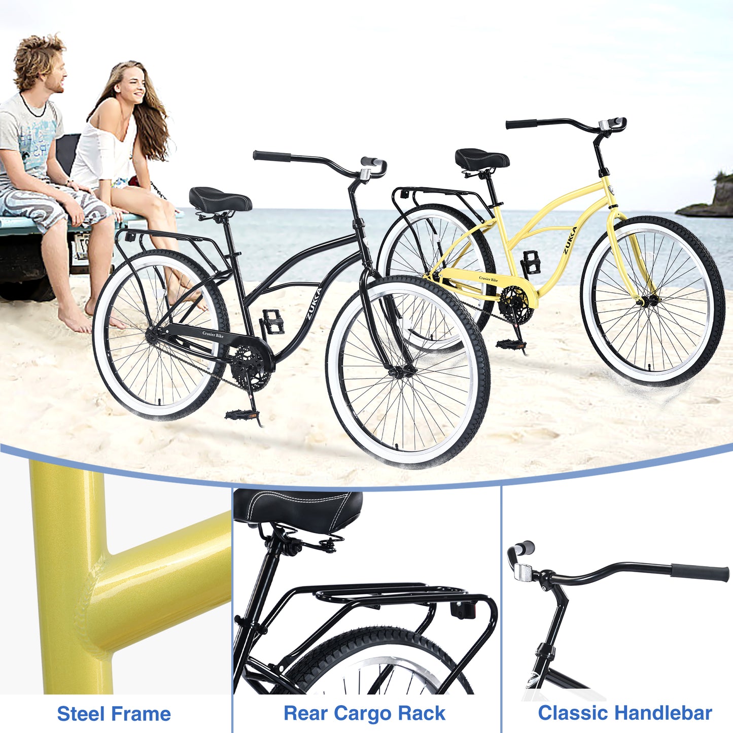 26 inch Adult Beach Cruiser Bike for Men and Women, 7 Speed Cruiser Bicycle with Dual Brakes, City Bike, Commuter Bike, 85% Assembled