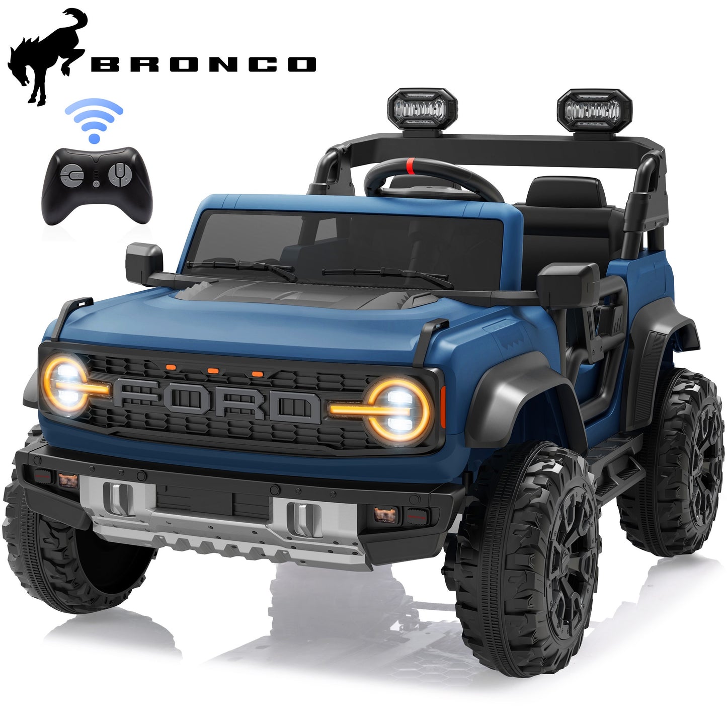24V 2 Seater Ride on Cars, Licensed Ford Bronco Raptor Powered Ride on Toy Truck with Remote Control, Electric Car for Kids 3-8 Gifts with Bluetooth/LED Light/Spring Suspension, 4 Wheelers, Blue
