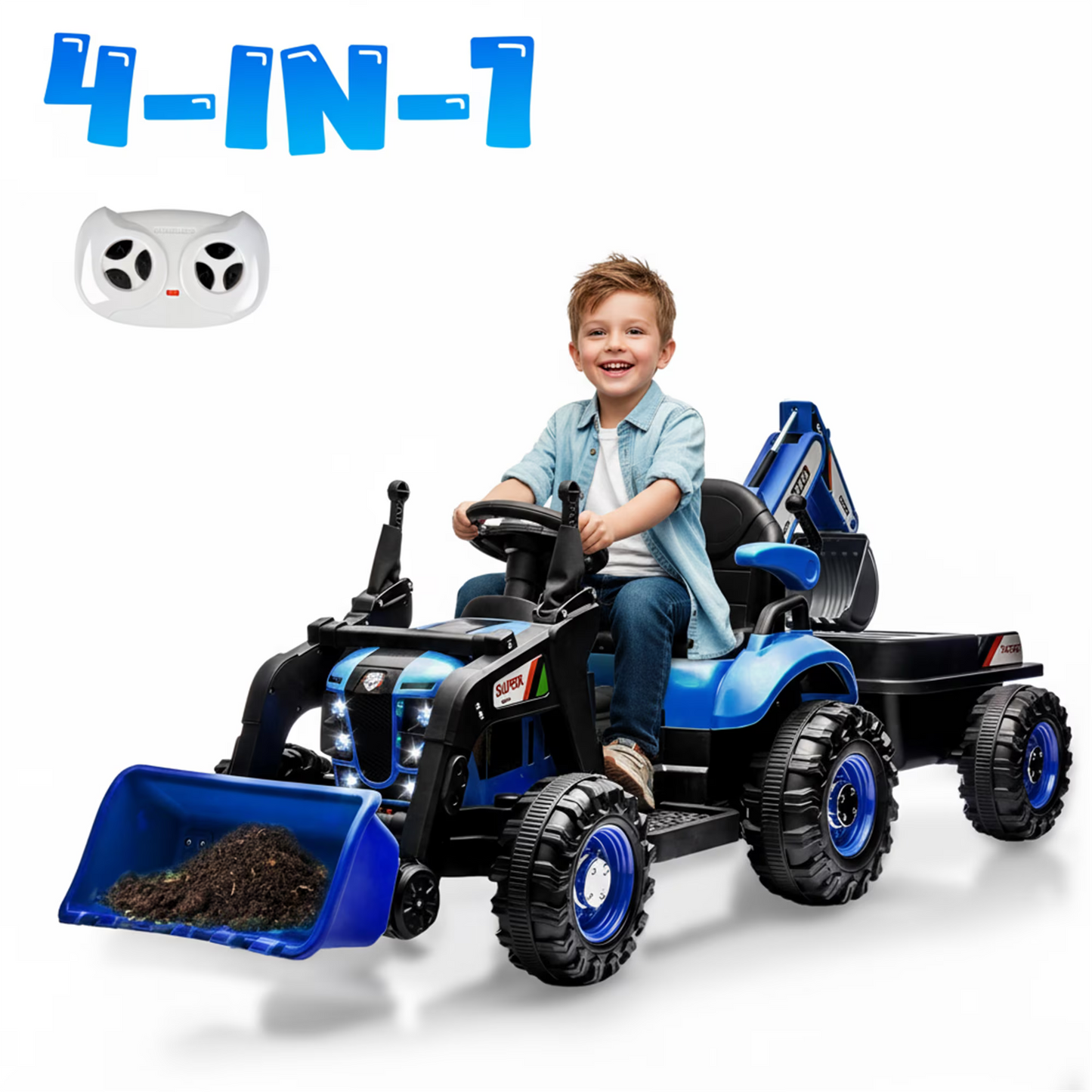 4-in-1 24V Kids Ride On Electric Tractor Toy with Construction Attachments (Excavator, Dump Truck & Bulldozer) with Remote Control, 3 Speed Adjustable, Built-in Music Player, LED Light, Green