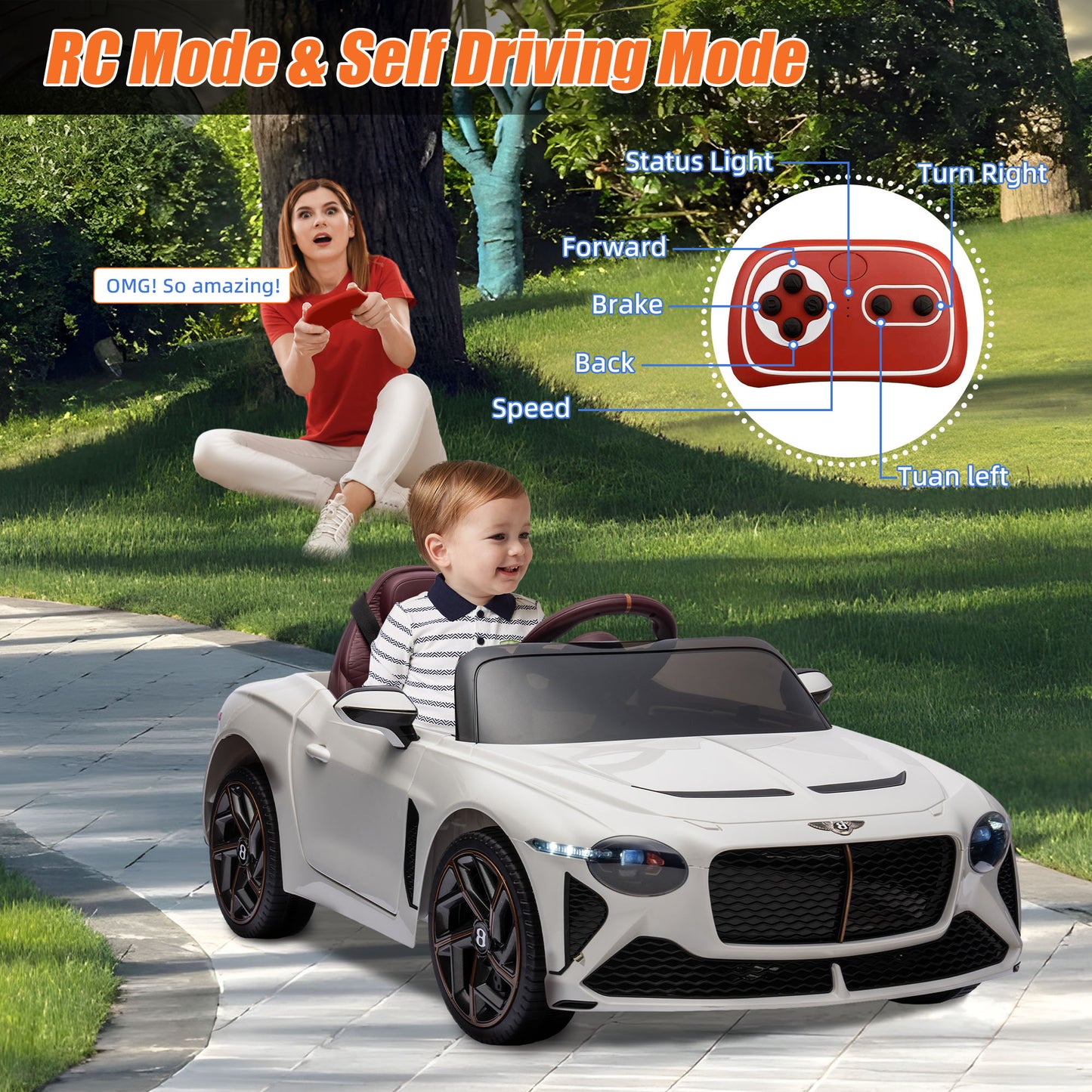 12V Ride On Car for 3-6 Yaers Old Boys and Girls Ride on Toy Licensed Bentley Electric Vehicles with 2.4 G Remote Control, Bluetooth