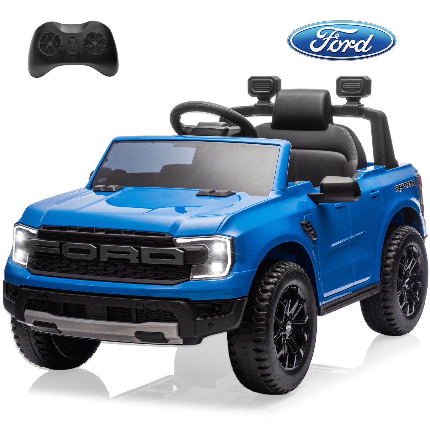 Ford Ranger Raptor Ride on Cars for Kids, 12V Powered Ride on Truck Toys with Remote Control, Play, LED Lights, Safety Belt, 4 Wheels Suspension Electric Cars for 3-5 Years Boy Girl, Blue