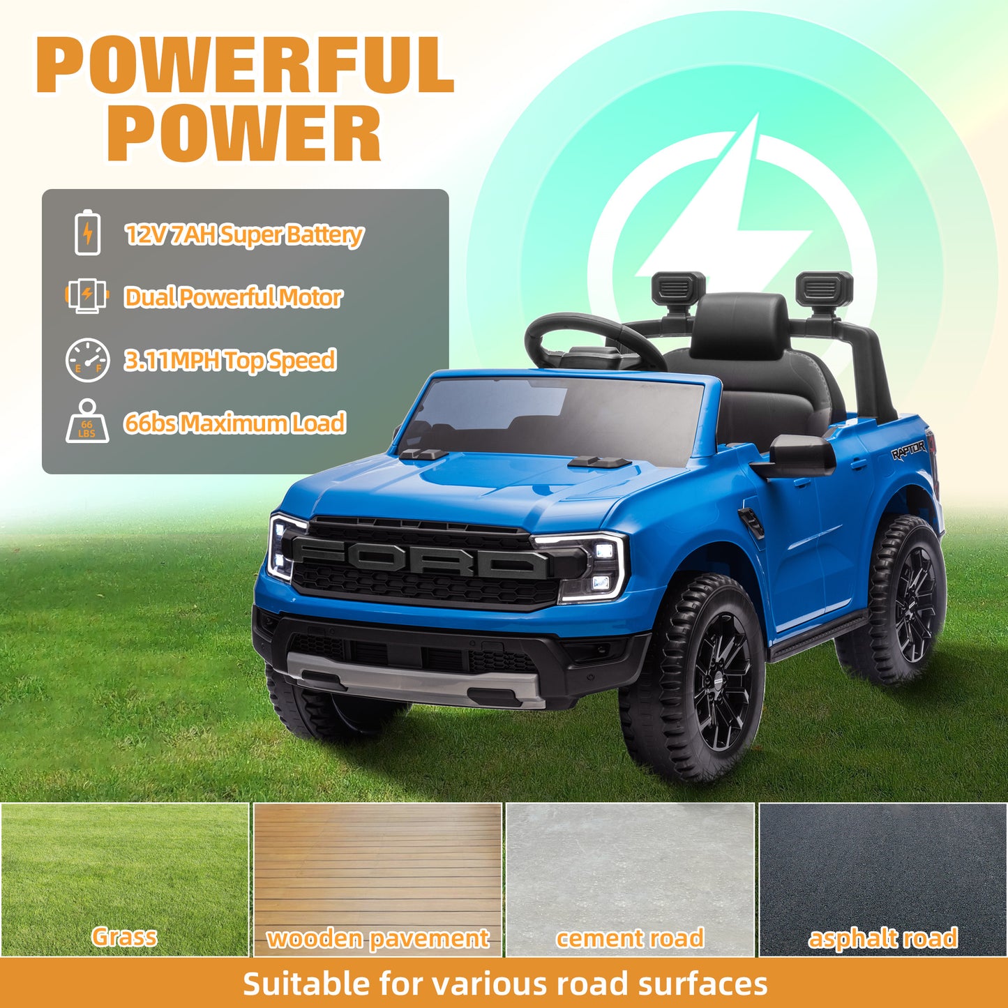 Ford Ranger Raptor Ride on Cars for Kids, 12V Powered Ride on Truck Toys with Remote Control, Play, LED Lights, Safety Belt, 4 Wheels Suspension Electric Cars for 3-5 Years Boy Girl, Blue