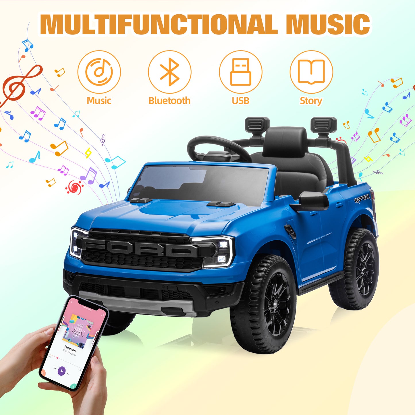 Ford Ranger Raptor Ride on Cars for Kids, 12V Powered Ride on Truck Toys with Remote Control, Play, LED Lights, Safety Belt, 4 Wheels Suspension Electric Cars for 3-5 Years Boy Girl, Blue