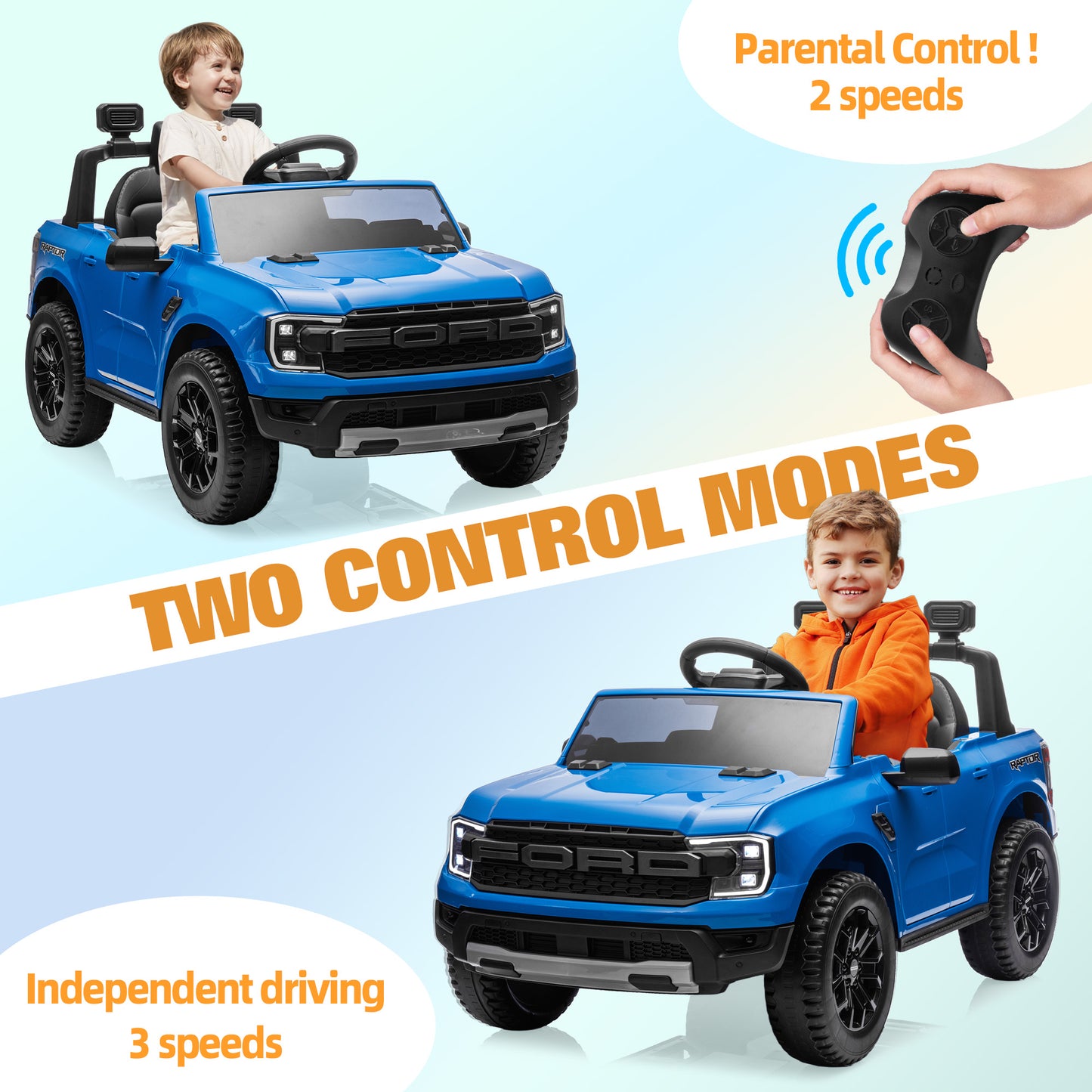 Ford Ranger Raptor Ride on Cars for Kids, 12V Powered Ride on Truck Toys with Remote Control, Play, LED Lights, Safety Belt, 4 Wheels Suspension Electric Cars for 3-5 Years Boy Girl, Blue