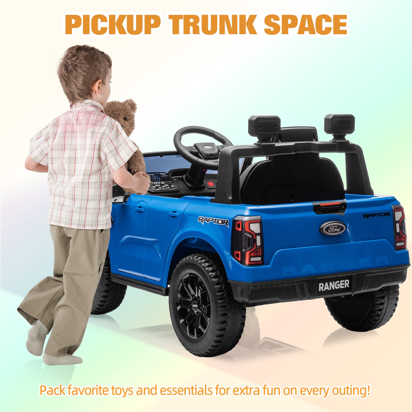 Ford Ranger Raptor Ride on Cars for Kids, 12V Powered Ride on Truck Toys with Remote Control, Play, LED Lights, Safety Belt, 4 Wheels Suspension Electric Cars for 3-5 Years Boy Girl, Blue