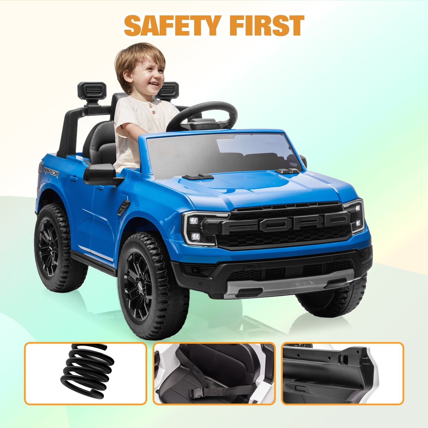 Ford Ranger Raptor Ride on Cars for Kids, 12V Powered Ride on Truck Toys with Remote Control, Play, LED Lights, Safety Belt, 4 Wheels Suspension Electric Cars for 3-5 Years Boy Girl, Blue