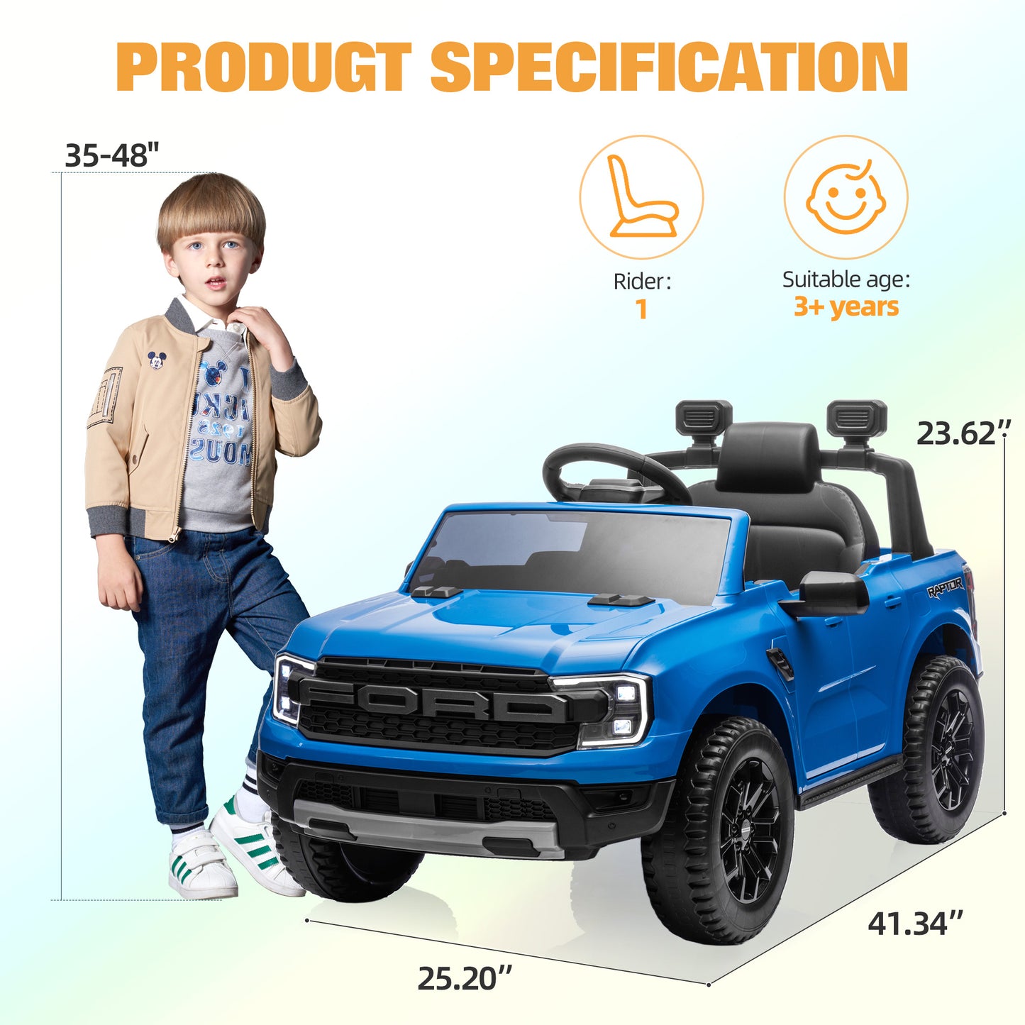 Ford Ranger Raptor Ride on Cars for Kids, 12V Powered Ride on Truck Toys with Remote Control, Play, LED Lights, Safety Belt, 4 Wheels Suspension Electric Cars for 3-5 Years Boy Girl, Blue