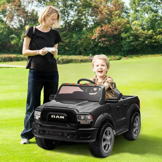 12V Powered Ride on Cars, Dodge RAM Ride on Toy with Remote Control, Kids Electric Ride on Truck with Music, Bluetooth, Cup Holder, Back Storage, Electric Cars for Kids Boys Girls 3-6 Ages, Black