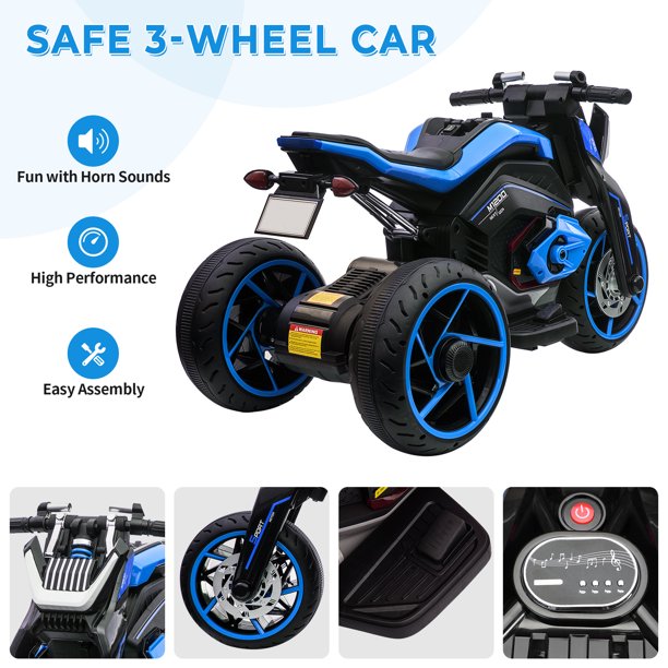 iYofe 12V Powered Ride on Motorcycle Car, 3 Wheel Ride on Toys with Horn, Headlight, Forward/Reverse Switch, 3 Wheels Electric Trike Motorcycle for Kids Gift, Blue