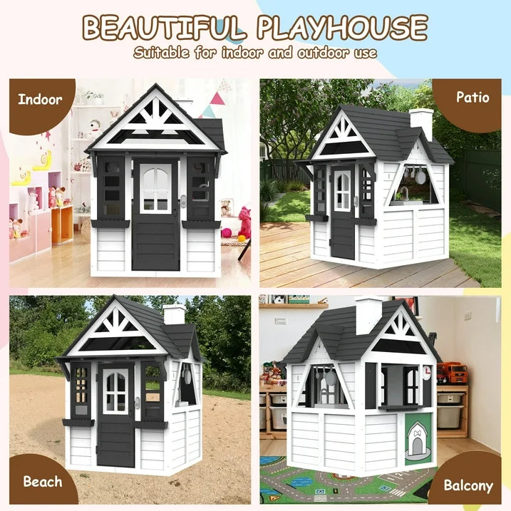 Outdoor Playhouse for Kids Ages 4-8, Wooden Play House with Front Door, Doorbell, Flower Pot Holders, Stove, Sink, Cookware, Windows, Indoor Outdoor Kids Play Equipment Gift for Boys & Girls