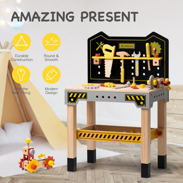 iYofe Kids Tool Bench, Wooden Workbench with Tools Kit and Wooden Building Blocks Construction Set, Toddler Learning Toy Pretend Play Workbench for 3 Yrs Old Christmas / Birthday Gift