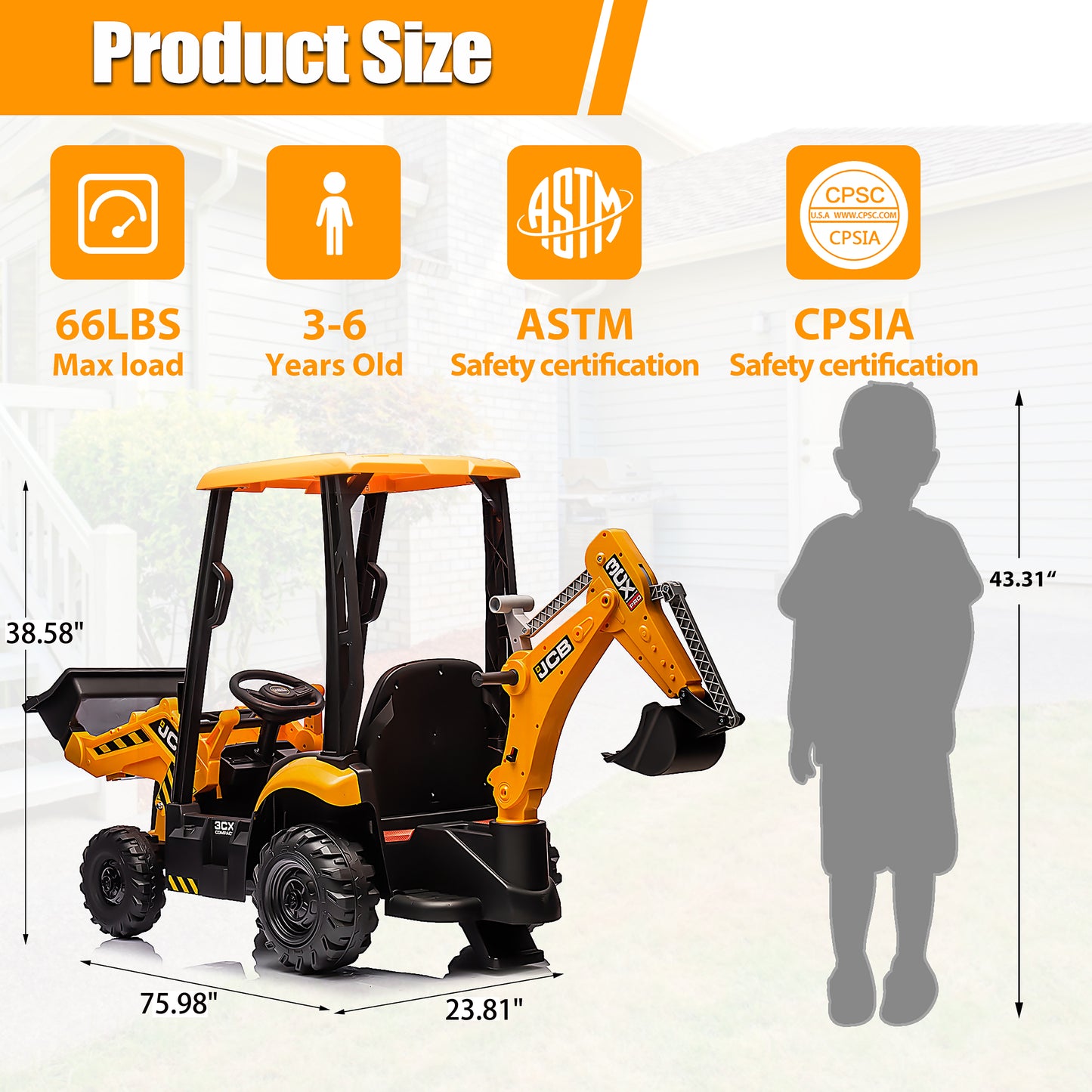 JCB 12V Ride on Excavator with Front&Back Loader 4in1 Kids Ride on Car with Remote Control Electric Construction for 3-6 Years Old Boys and Girls, 3 Speeds, Yellow