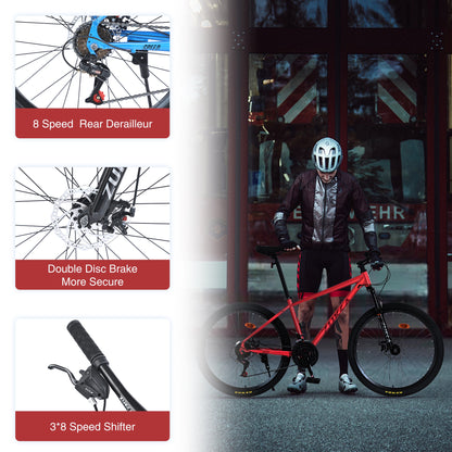 26" Mountain Bikes for Adults Teens, 24 Speed Mountain Bicycle w/ Disc Brakes, Bike for Mens Womens, City Commuter Bikes Suit for Rider Height 5'4"-6'2", 85% assembled (Red)