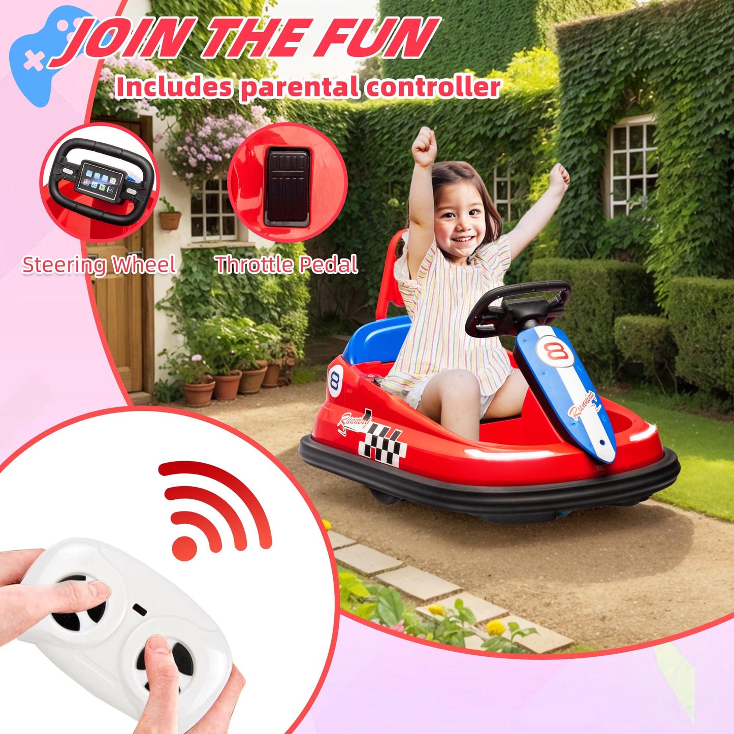 iYofe 6V Bumper Car Ride on with Remote Control, Bumper Cars for Kids Toddlers Boys Girls 2-6 Years Old Gifts, Battery Powered Ride on Toys with Bluetooth, Player, 360¡ãSpin, LED Light, 3 Speed, Red