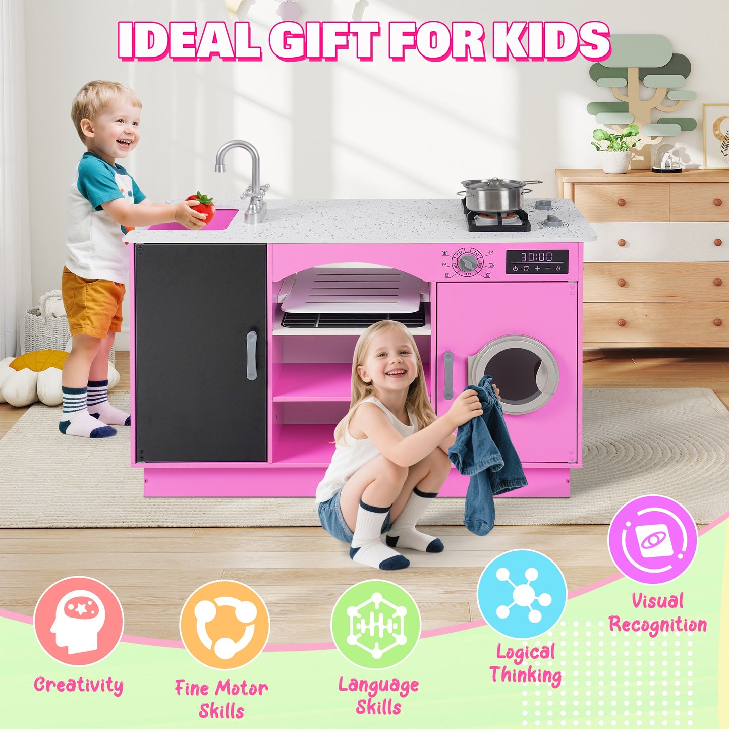 iYofe Island Play Kitchen for Kids, Wooden Kids Play Kitchen Playset Chef Pretend Play Set for Toddlers with Real Lights & Sounds, 7 Accessories, Toy Kitchen Set or Girls Boys Gift for Ages 3+, Pink