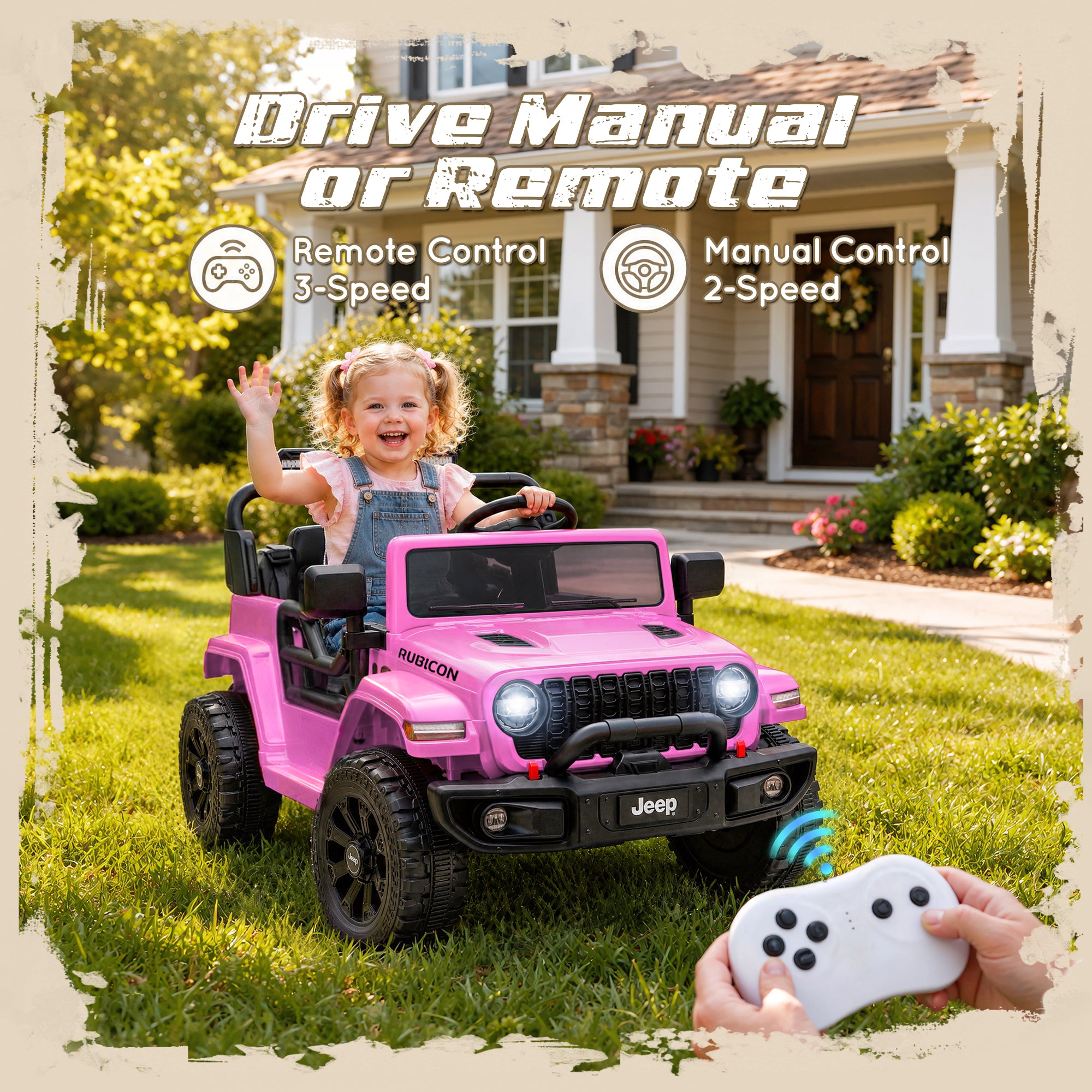 iYofe 12V Ride On Cars for Kids, Licensed Jeep Rubicon Powered Electric Car w/Dual Wheels Suspension, Parent Remote Control, Lights, Music, Ride On Toys for Boys Girls Age 3+, Pink