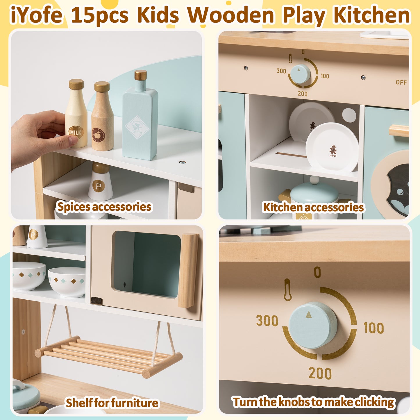 iYofe 15pcs Kids Wooden Play Kitchen Pretend Play Kitchen Playset with Washing Machine and Microwave, Twistable Knob and Clock, Blue