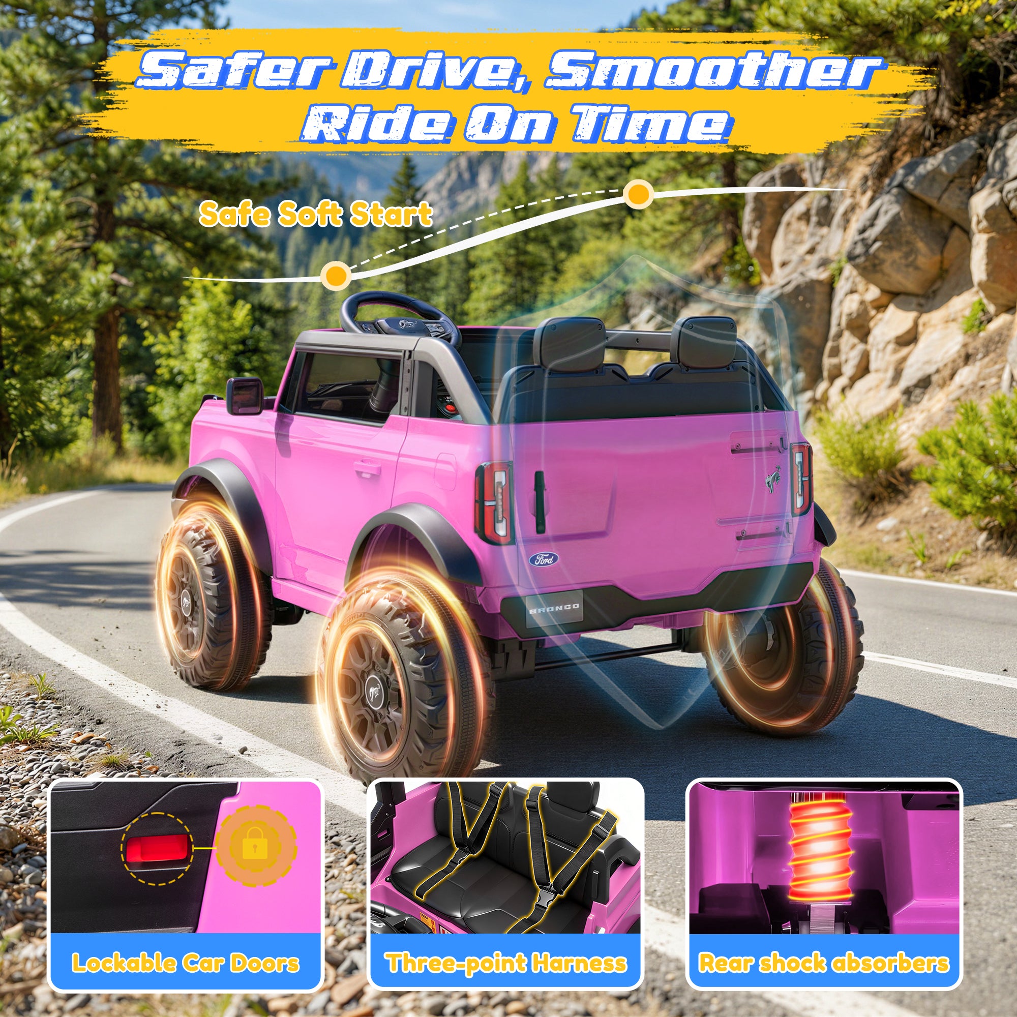 iYofe 24V Ride On Toys for Big Kids 2 Seat, Ford Bronco Base Powered Ride On Cars w/Remote Control, 4 Wheel Spring Suspension, Lights, Bluetooth, Kids Electric Car for Boys Girls Age 3-8, Pink