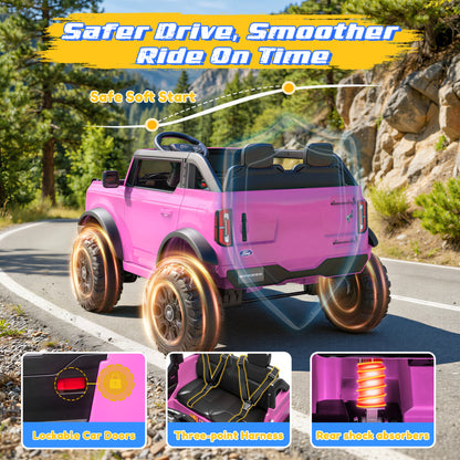 iYofe 24V Ride On Toys for Big Kids 2 Seat, Ford Bronco Base Powered Ride On Cars w/Remote Control, 4 Wheel Spring Suspension, Lights, Bluetooth, Kids Electric Car for Boys Girls Age 3-8, Pink