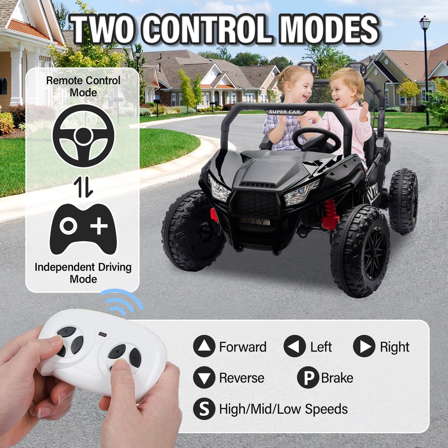 24V Ride on Car for 2 Kids, 2 Seater Kids Ride on UTV Cars, 400W Super Power Electric Cars with Remote Control, Bluetooth, Rear Storage Space, 4 Wheel suspension, LED Light, Rear Searchlight