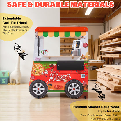 Wooden Pizza Food Truck Activity Center for Kids, 3+ | Play Kitchen for Kids with Wooden Play Food, Ice Cream Cart, Toy Kitchen Sets, Toddler Kitchen Playset, Pretend Play Food Truck Playset, Red