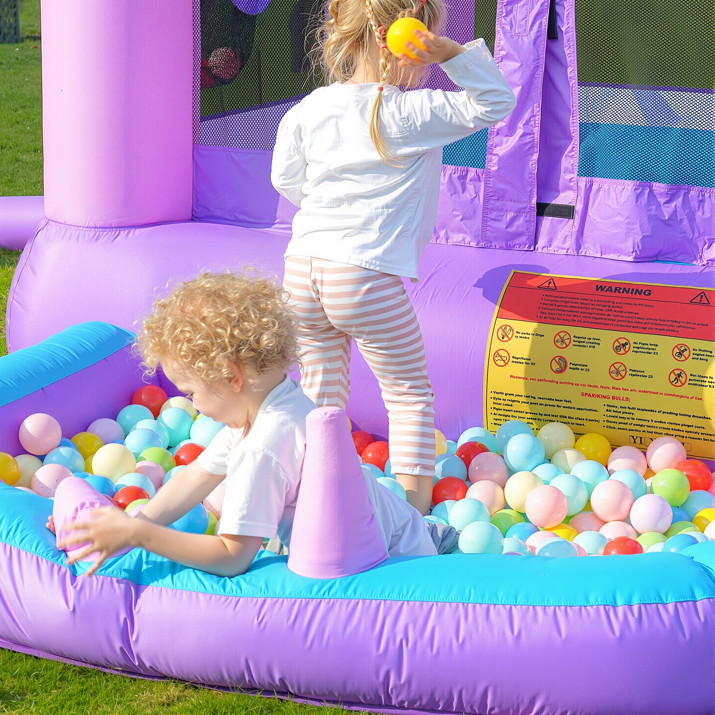 Bounce House with Blower, Outdoor Bounce Castle with Slide/Basketball Hoop/Ball Pit/Ring-toss Game/Pitching Game, Jump House for Kids Toddlers Ages 3-12