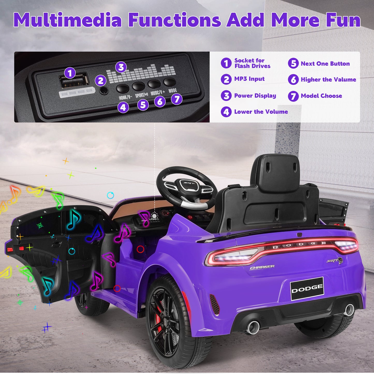 Dodge Electric Ride on Cars for Kids, 12V Licensed Dodge Charger SRT Powered Ride On Toys Cars with Parent Remote Control, Electric Car for Girls 3-5 w/Music Player/LED Headlights/Safety Belt, Purple