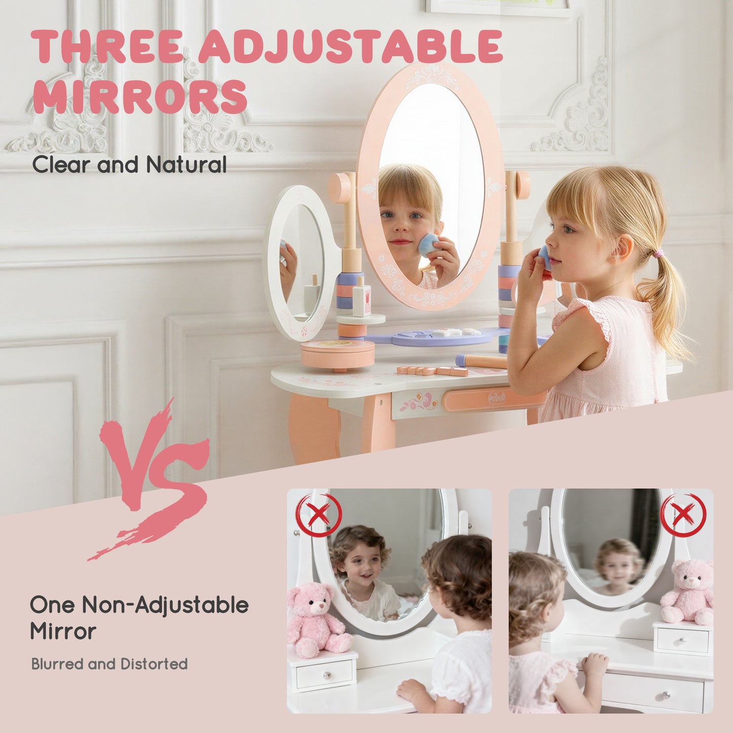 Kids Vanity Set for Girls with Mirror, 12PCS Toddler Vanity Table and Chair Set with Makeup Toys, Wood Dressing Table with Jewelry Box, Eyeshadow, Comb, Pink