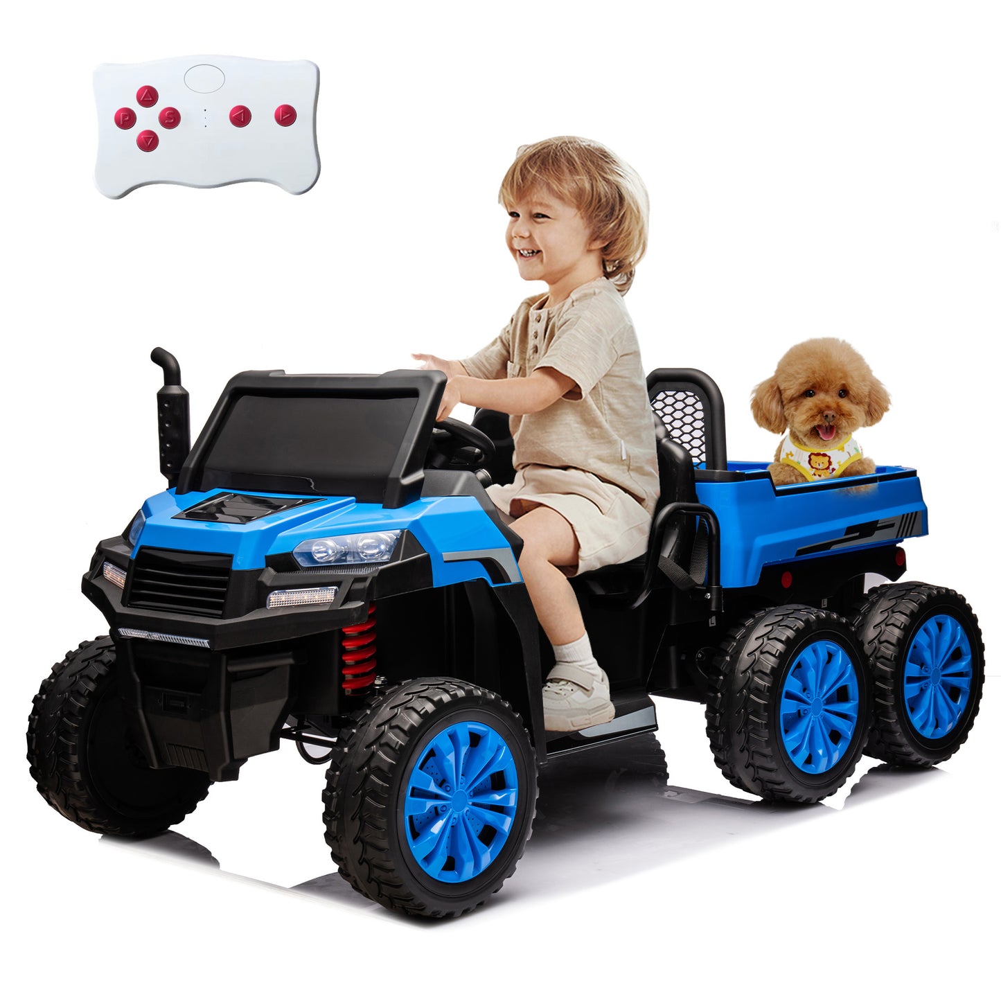 24V 2 Seats Powered Ride on Truck for Boys and Girls Ride On Car Toy with Remote Control Electric Vehicle with 6 EVA Wheels Battery Powered Ride on Car for Kids, Blue