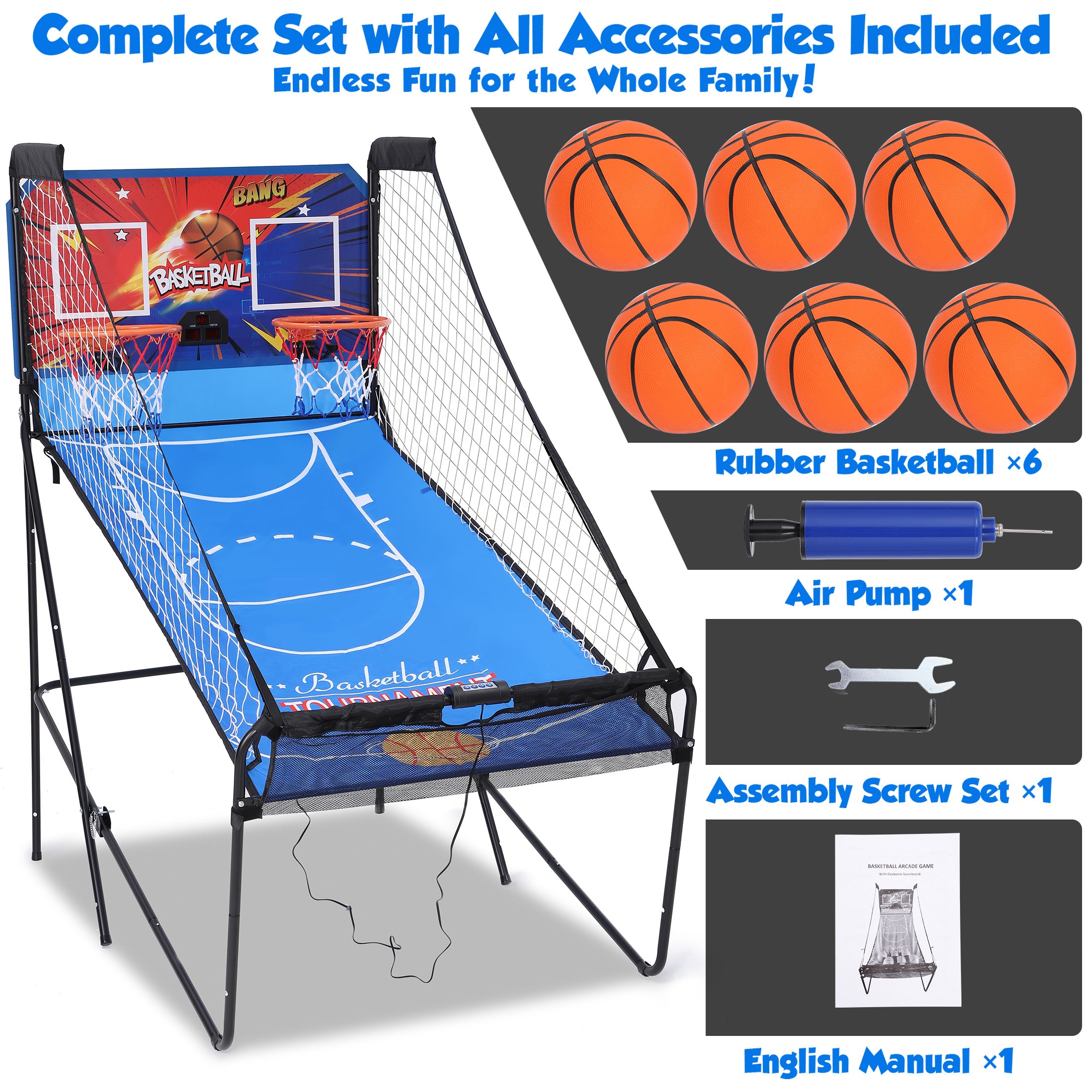iYofe Basketball Arcade Game Indoor, Arcade Basketball Hoop 8 Game Modes, Electronic Basketball Shooting Machine, Foldable Frame, 6 Balls, Air Pump, Led Scoreboard, for Youth and Adults