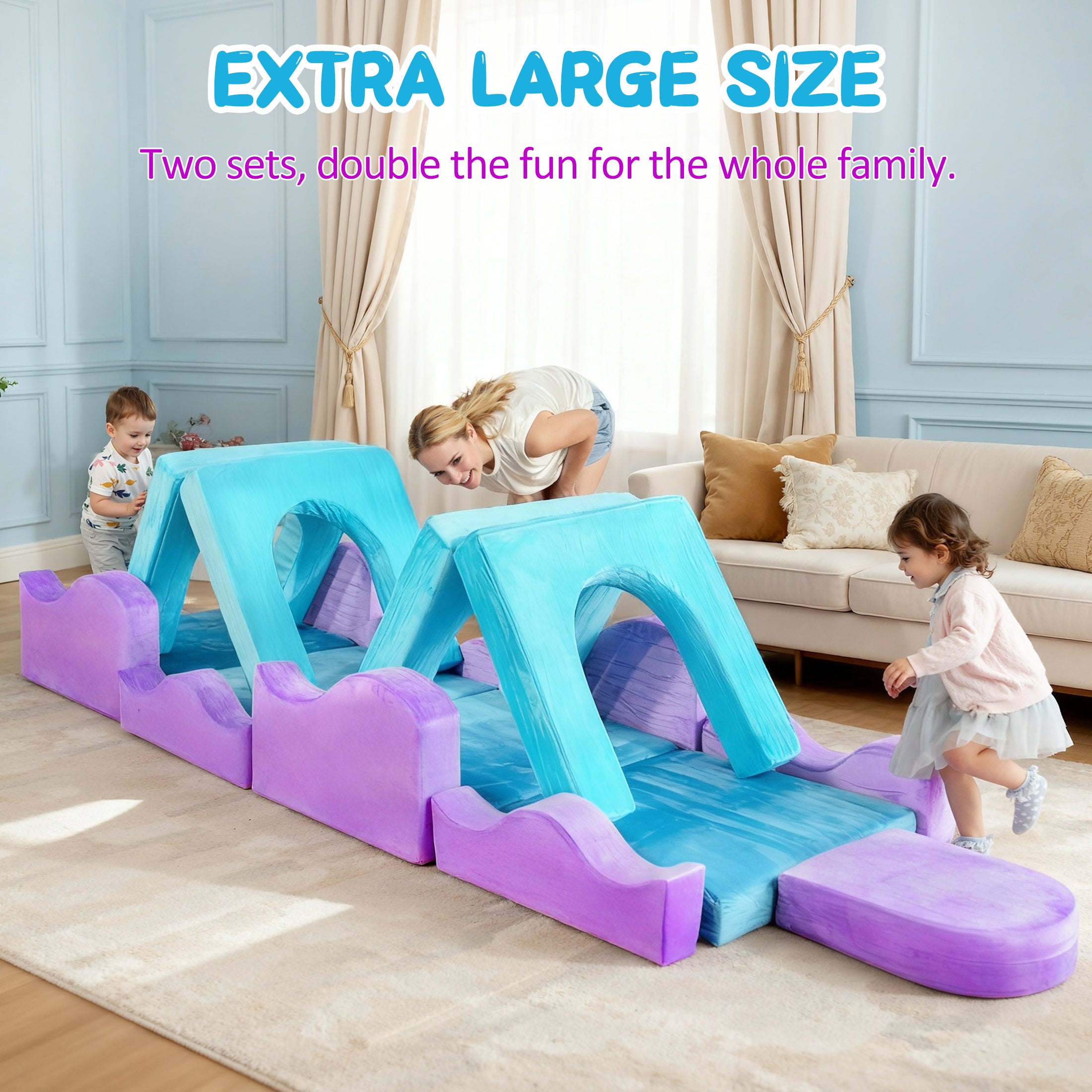 Modular Kids Play Couch Set for Toddlers Playroom, 12PCS Large Foldable Soft Kids Sofa, 3 in 1 Foam Convertible Couch Fort Building Floor Bed for Girls 3-5, Washable Velvet, Purple