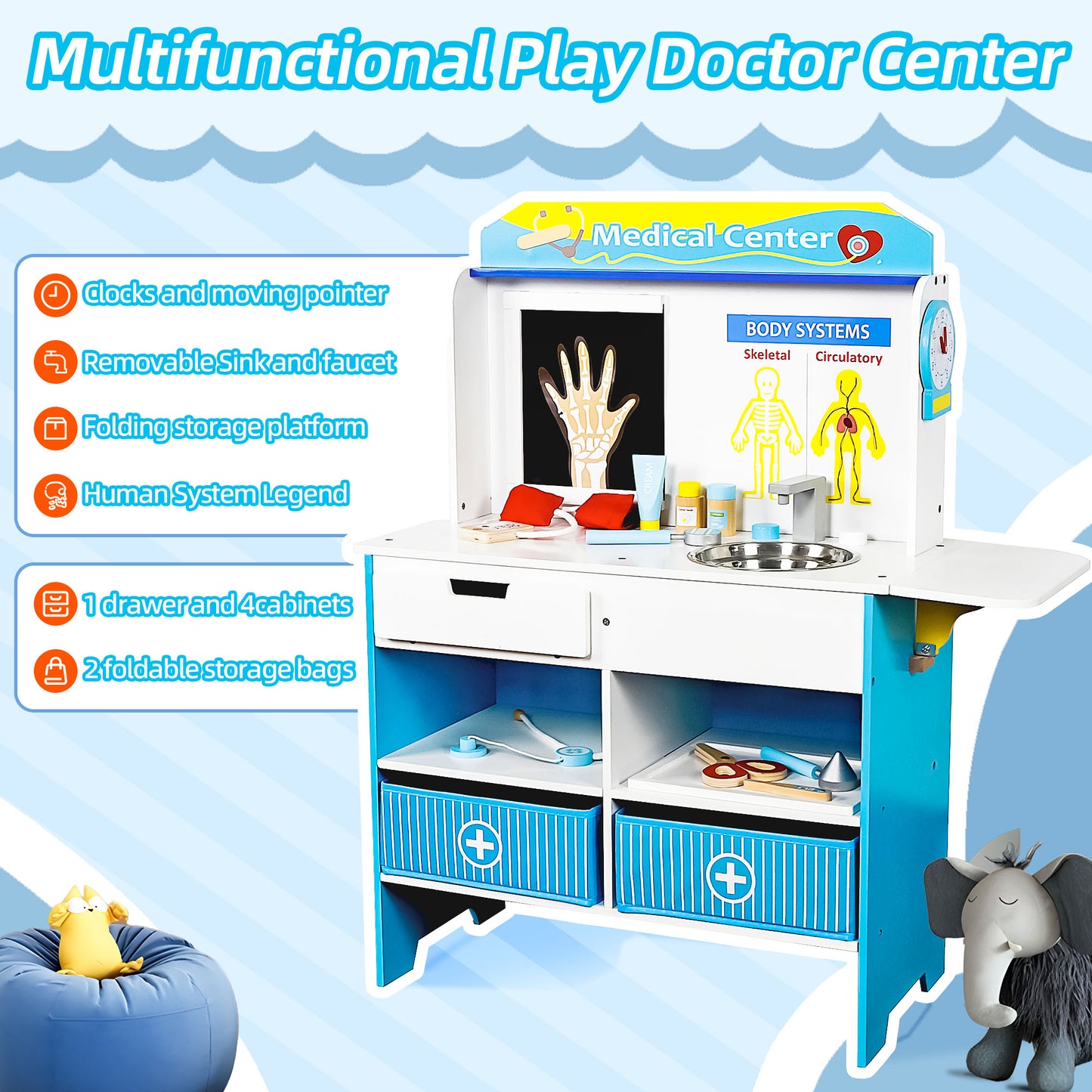 iYofe Play Doctor Activity Center Toy Medical Station Kids Wooden Play Doctor Kit Pretend Doctor Play Set for 3 Age+, 16 Accessories, Gift for Girls and Boys, Blue