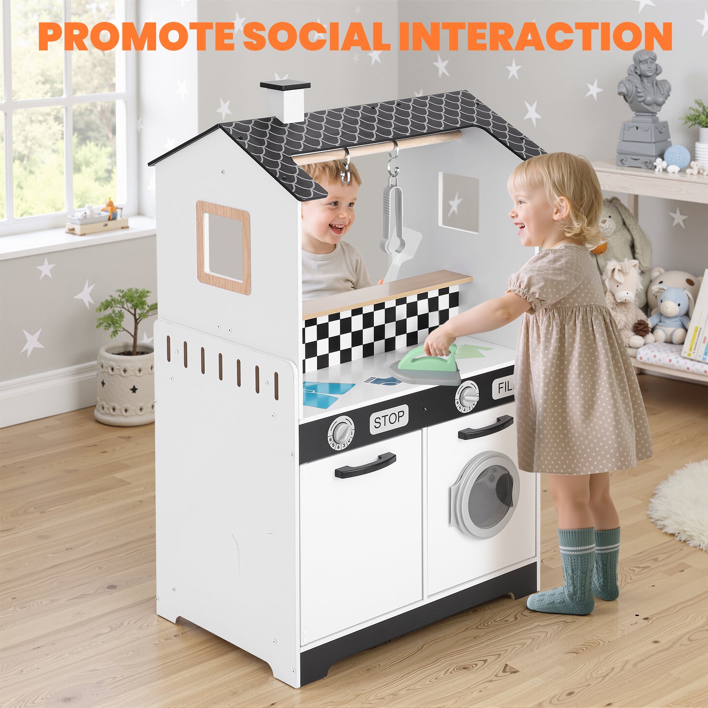 iYofe Wooden Play Kitchen for Toddlers 3-5, 2-in-1 Kids Kitchen & Laundry Playset, Montessori Toys with Realistic Cooking & Pretend Play Accessories, Learning Toys Gift for Girls & Boys