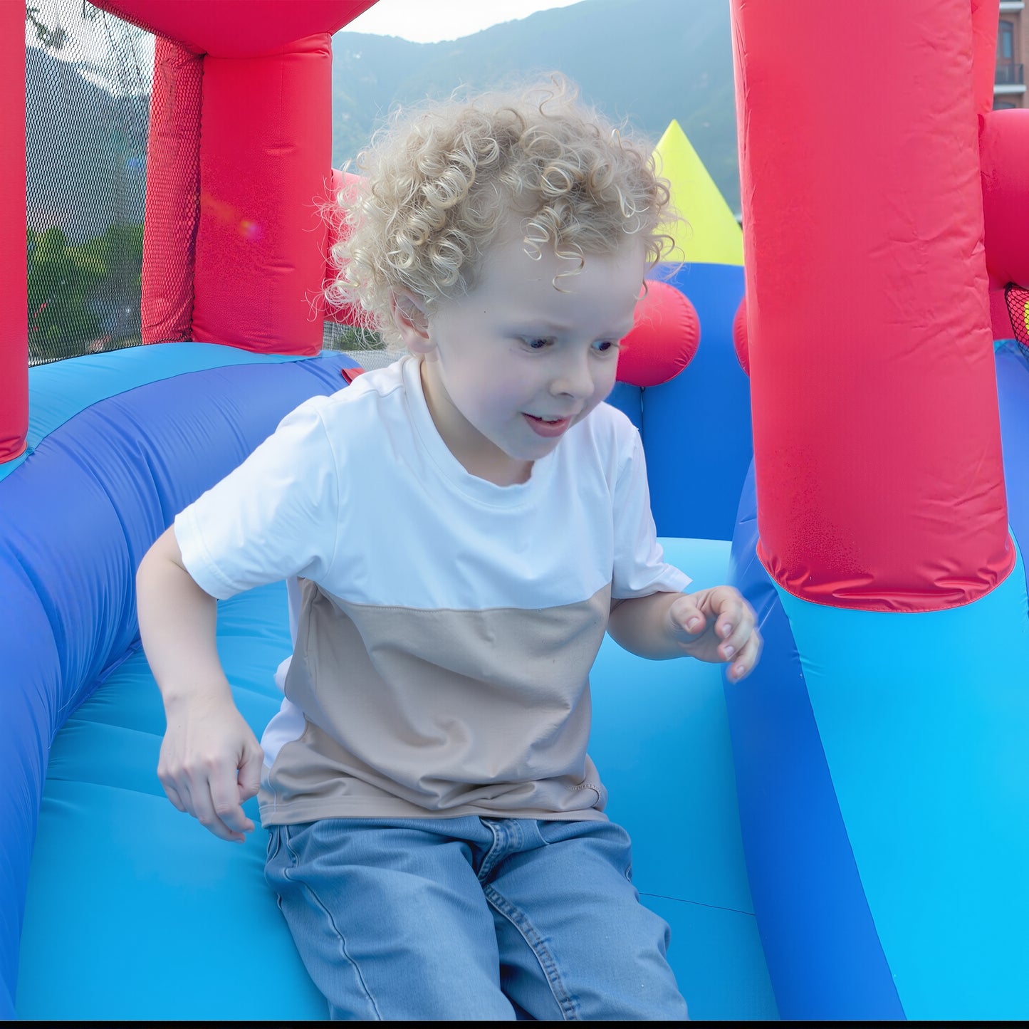 Bounce House with Blower, Outdoor Bounce Castle with Slide/Basketball Hoop/Ball Pit/Ring-toss Game/Pitching Game, Jump House for Kids Toddlers Ages 3-12