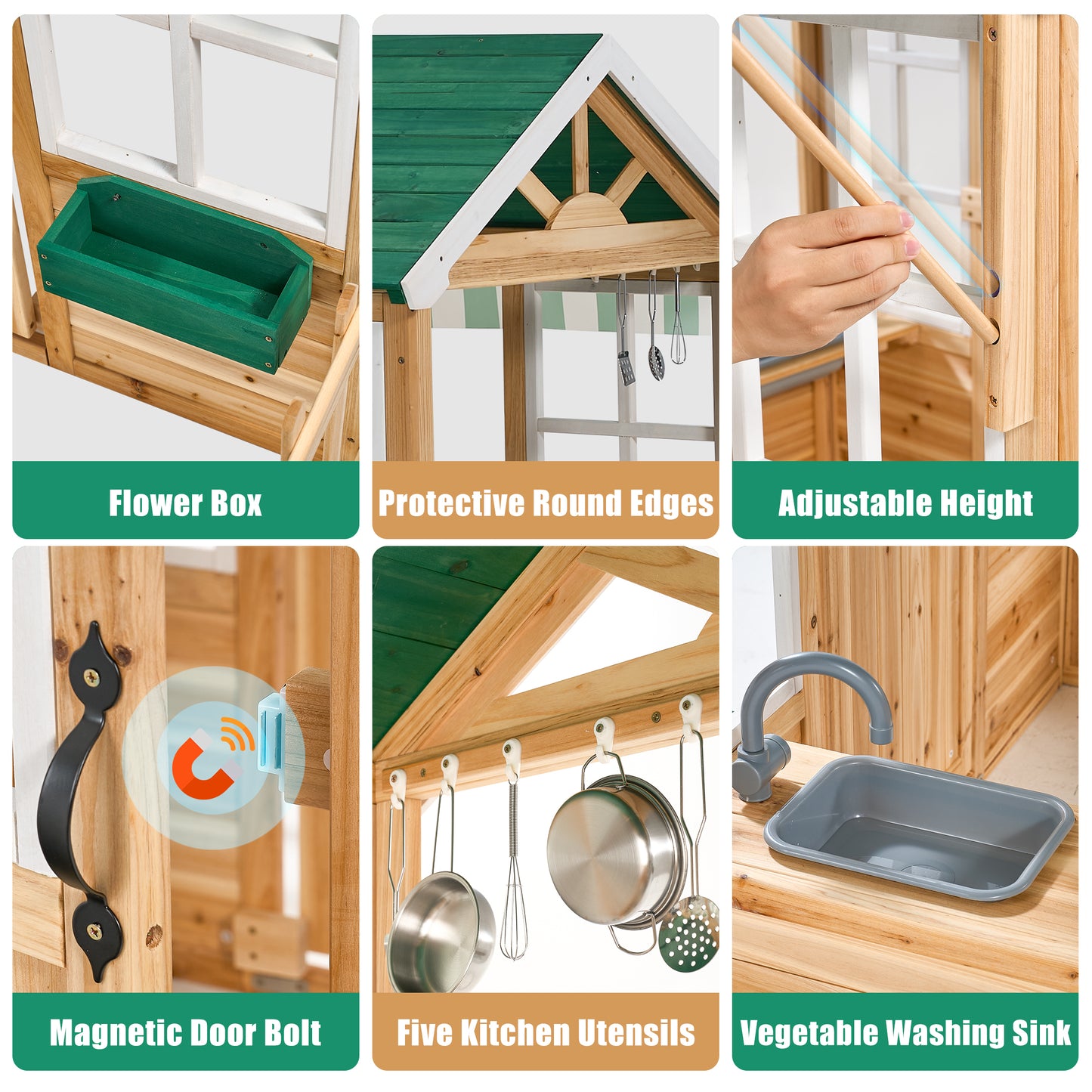 iYofe Outdoor Playhouse, Wooden Play Houses for Toddlers 1-3, Outside Playhouse with KitchenToyset, Flowerpot Holders, Fence (49.5"x62.3"x52.8")