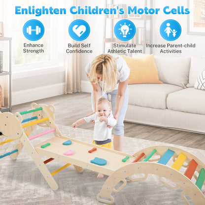 iYofe Pikler Triangle Set, Wooden Toddler Climber with Arch, Ramp, Climbing Net and 2 Wooden Cars, Indoor Play Gym for Ages 1-3