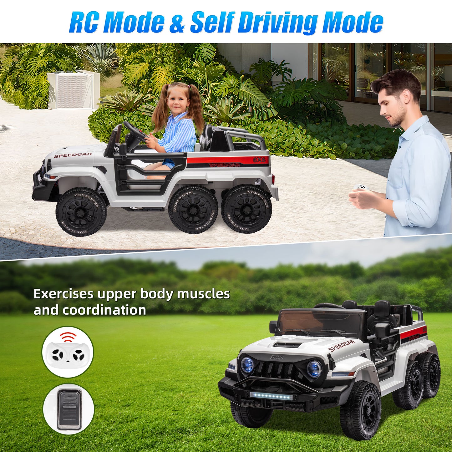 24V 2 Seats Ride on Car with Remote Control Ride on Toy for Boys and Girls 3-6 Years Old Electric Vehicle for Kids Ride on Truck, Bluetooth, Swing Mode