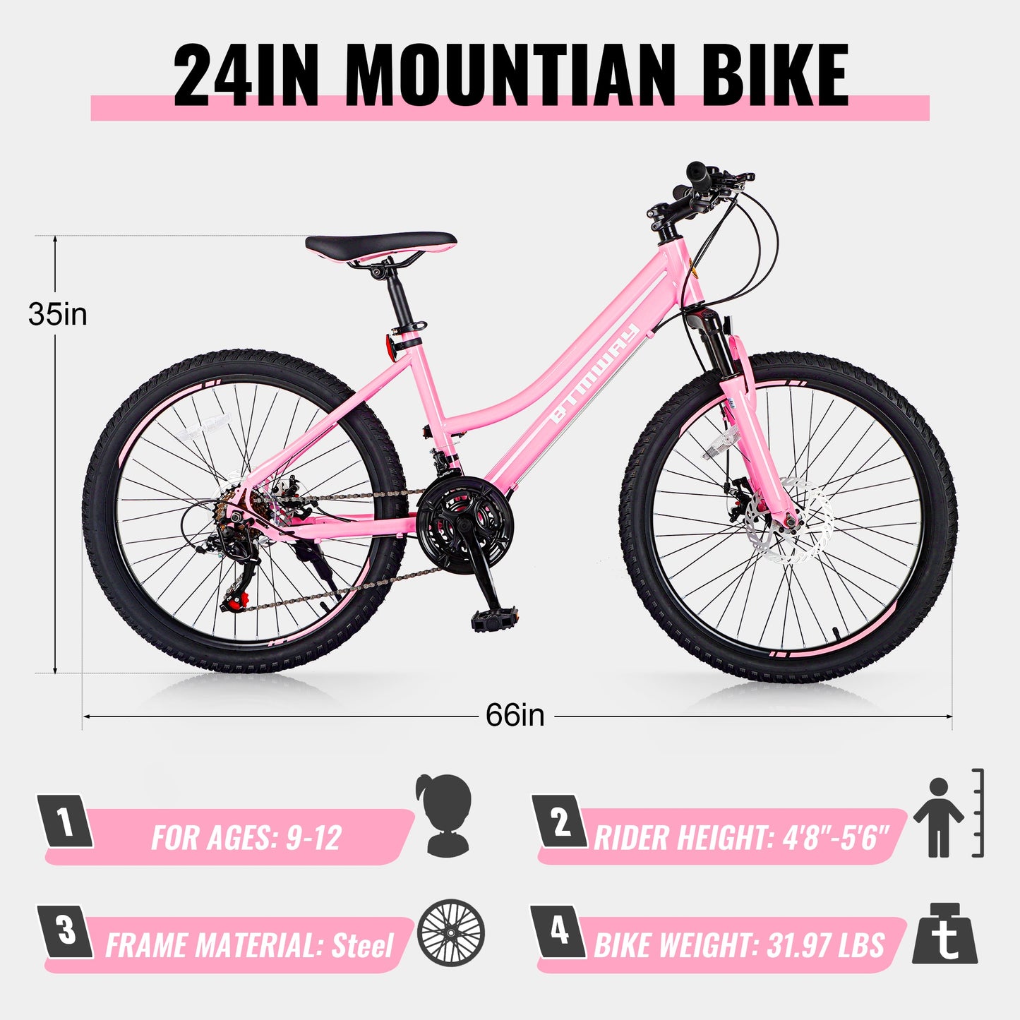 iYofe 24" Girls Mountain Bike, 21 Speed Girls Bicycle with Dual Disc Brake, Kids Mountain Bike w/ Front Spring Shock and Adjutable Seat Height, Bike for Girls Teens Ages 9-14 Years Old, Pink