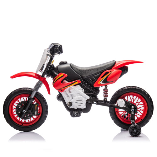 12V Kids Ride On Electric Toy Motorcycle, Rear suspension, Twist Grip Throttle, Slow Start, Removable training wheels, Indie music box with horn and engine, Simulation of dirt bike modeling for kids