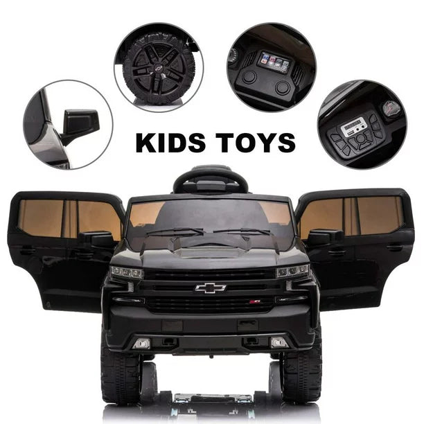 Licensed Chevrolet Silverado Kids Ride on Toys, 12V Ride on Car w/Remote Control, Battery Powered Pickup Truck Ride on w/Spring Suspension, LED Light, Music, Safety Belt, Black, D496