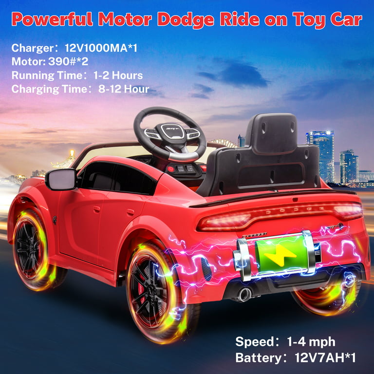 Ride on Cars, 12 V Licensed Dodge Charger Battery Powered Ride On Toys with Remote Control, MP3 Player, LED Headlights, Safety Belt, 4 Wheeler, Electric Car for Kids 3-5 Boys Girls, Red