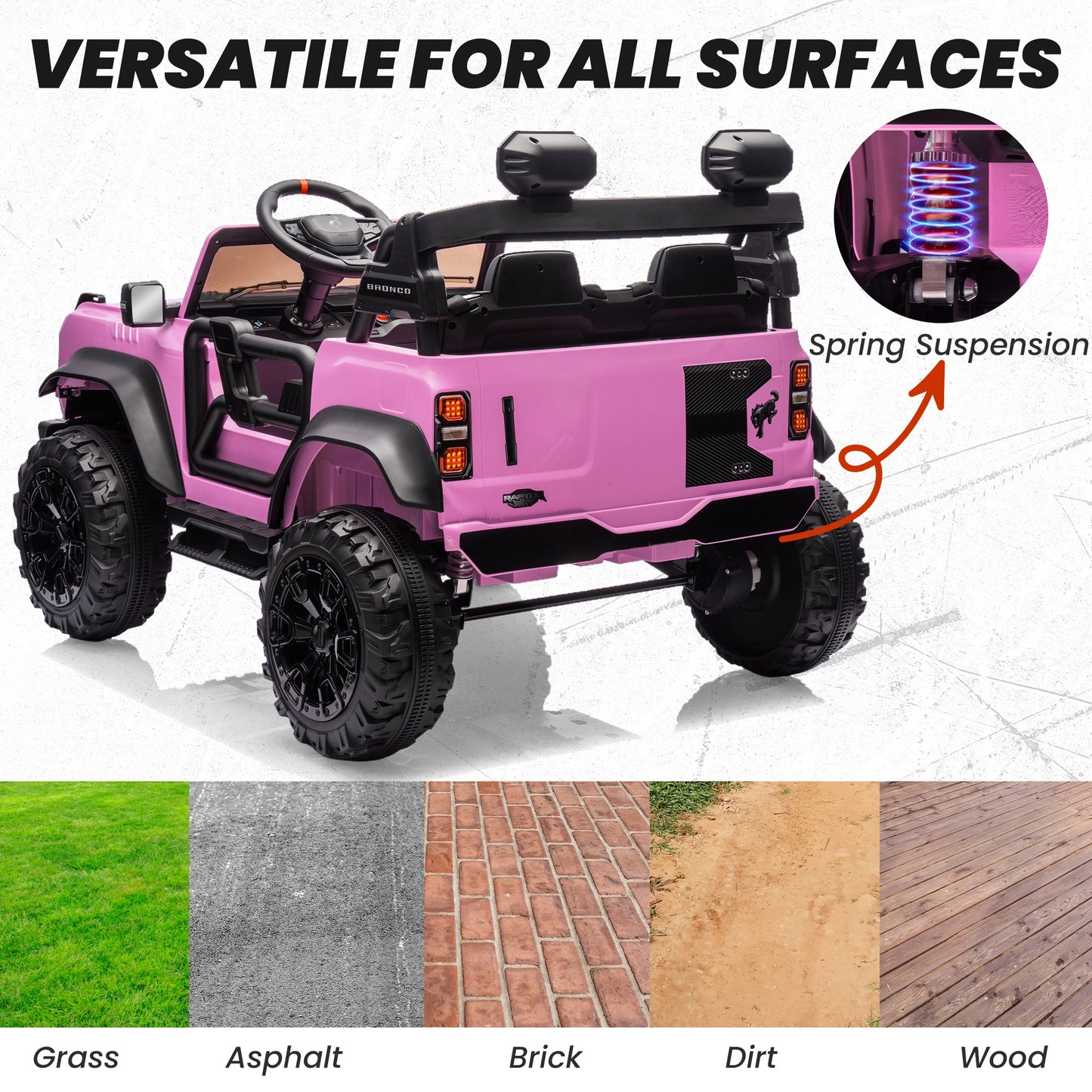 24V 2 Seater Ride on Cars, Licensed Ford Bronco Raptor Powered Ride on Toy Truck with Remote Control, Electric Car for Kids 3-8 Gifts with Bluetooth/LED Light/Spring Suspension, 4 Wheelers, Pink