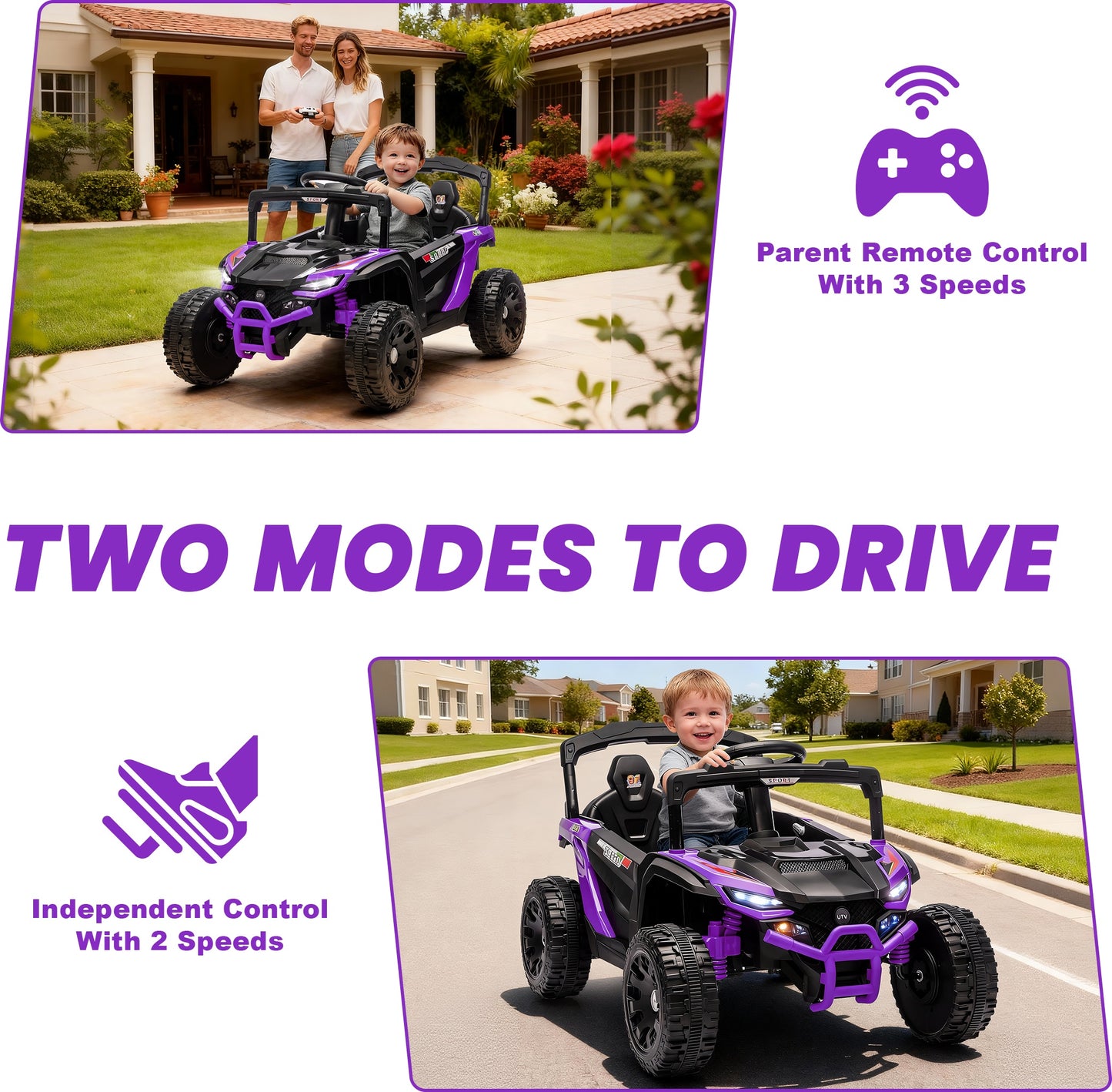 iYofe 24V Powered Ride on Toys with Remote Control, Kids Ride on Car UTV for Boys Girls Ages 3-5, Ride on Vehicles Electric Cars for Kids with Bluetooth, Music, LED Light, 4 Wheels Suspension, Purple
