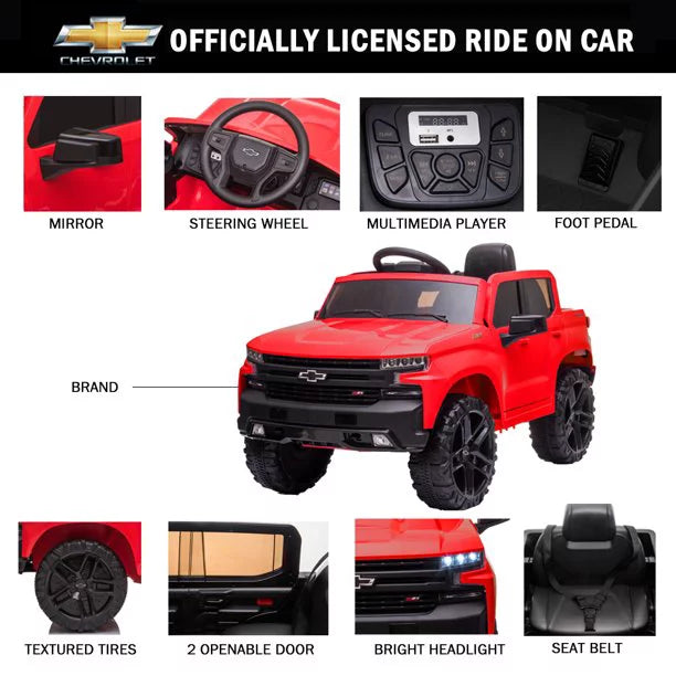 Kids Ride on Car, Chevrolet Silverado 12V Ride on Toy with Remote Control, 4 Wheels Suspension, Safety Belt, Electric Car with MP3 Player, LED Lights, Red, X462